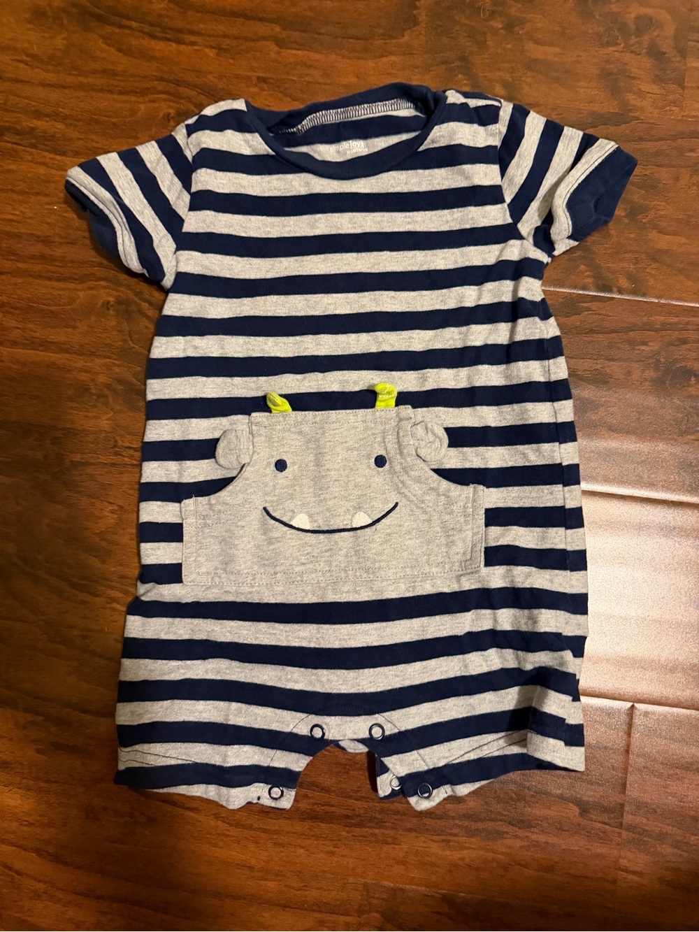 18 Month Striped Navy & Gray Baby Romper with Smiley Pocket